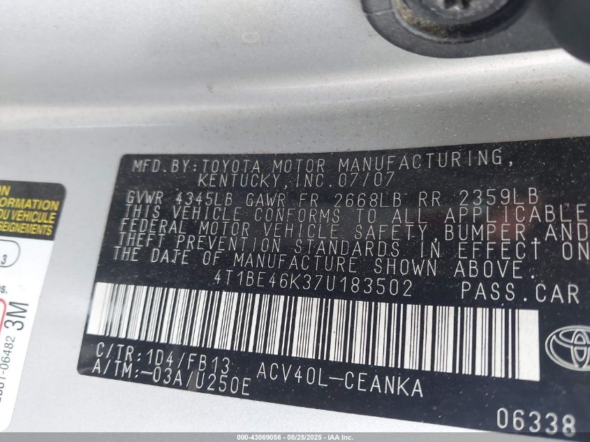 2007 Toyota Camry Le VIN: 4T1BE46K37U183502 Lot: 43069056
