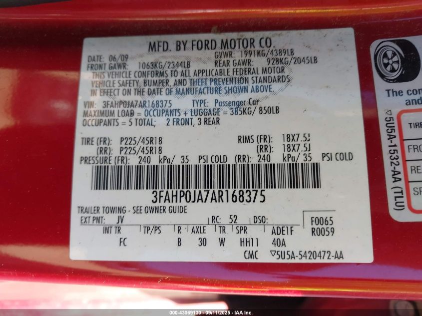 2010 Ford Fusion Sel VIN: 3FAHP0JA7AR168375 Lot: 43069130