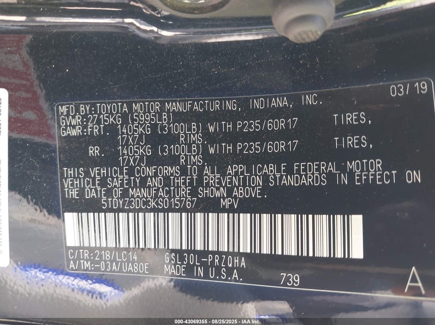 2019 TOYOTA SIENNA XLE 8 PASSENGER - 5TDYZ3DC3KS015767