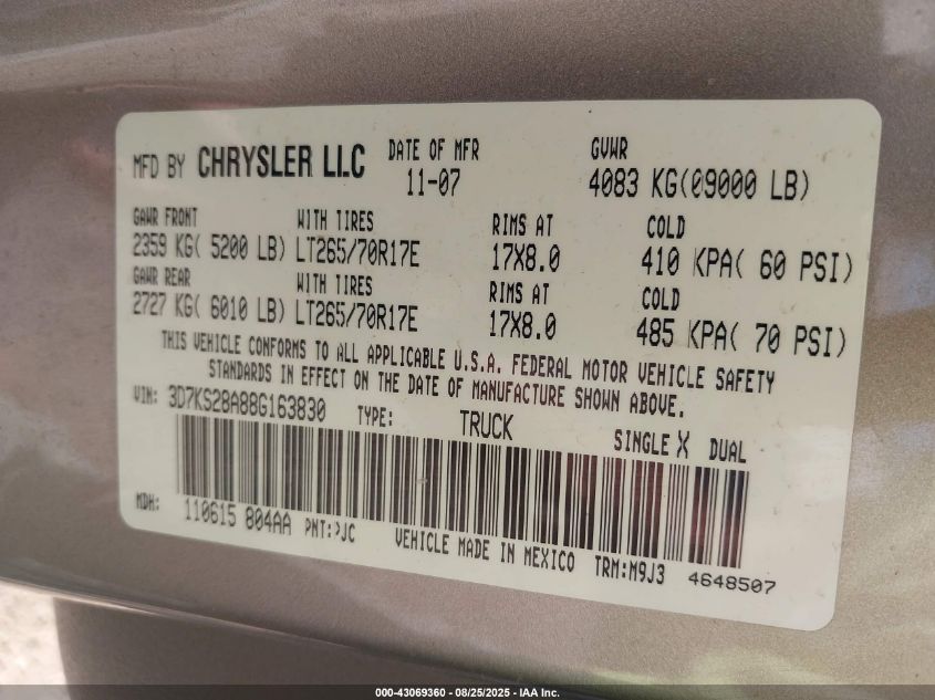 2008 Dodge Ram 2500 Slt/Power Wagon VIN: 3D7KS28A88G163830 Lot: 43069360