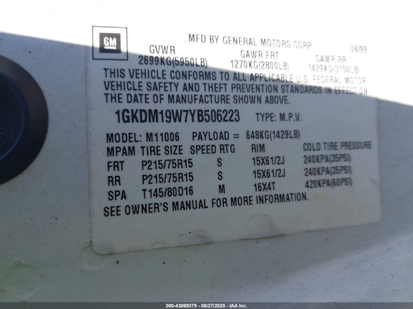 2000 GMC Safari Sl VIN: 1GKDM19W7YB506223 Lot: 43069379