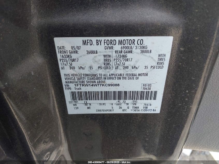 2007 Ford F-150 Xlt VIN: 1FTRW14W77KC99088 Lot: 43069477