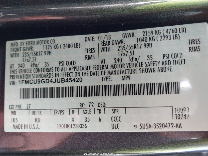 2018 Ford Escape Se VIN: 1FMCU9GD4JUB45420 Lot: 43069540