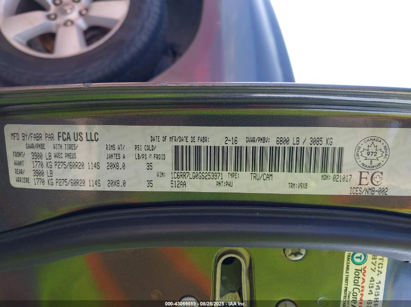 2016 Ram 1500 Slt VIN: 1C6RR7LG0GS253971 Lot: 43069559