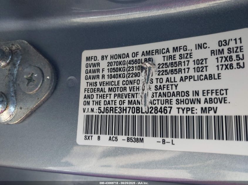 2011 Honda Cr-V Ex-L VIN: 5J6RE3H70BL028467 Lot: 43069718