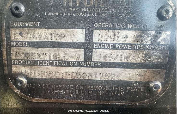 2012 Hyundai Robex 210Lc-9 Excavator VIN: HH1HQ601PC0001252 Lot: 43069912