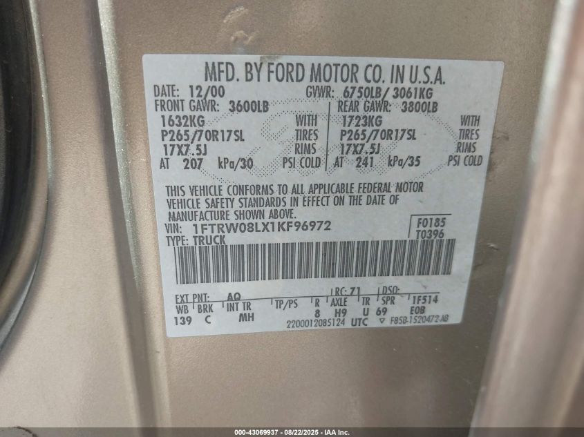 2001 Ford F-150 King Ranch Edition/Lariat/Xlt VIN: 1FTRW08LX1KF96972 Lot: 43069937