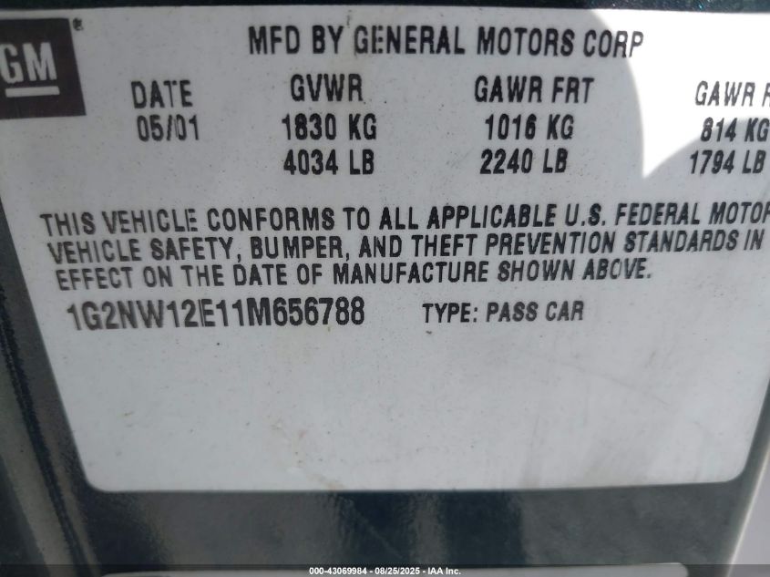 2001 Pontiac Grand Am Gt VIN: 1G2NW12E11M656788 Lot: 43069984