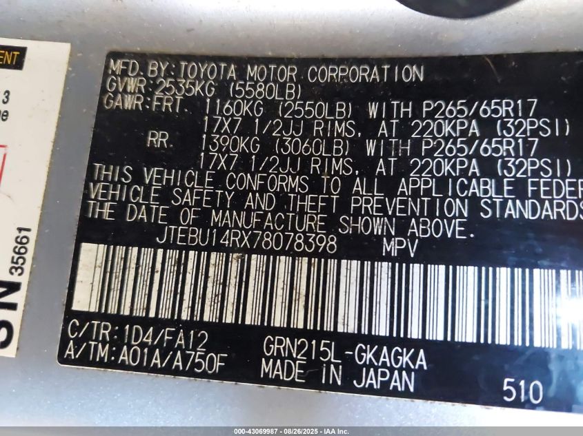 2007 Toyota 4Runner Sr5 V6 VIN: JTEBU14RX78078398 Lot: 43069987