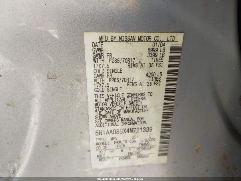 2004 Nissan Pathfinder Armada Se Off-Road VIN: 5N1AA08BX4N721339 Lot: 43070004