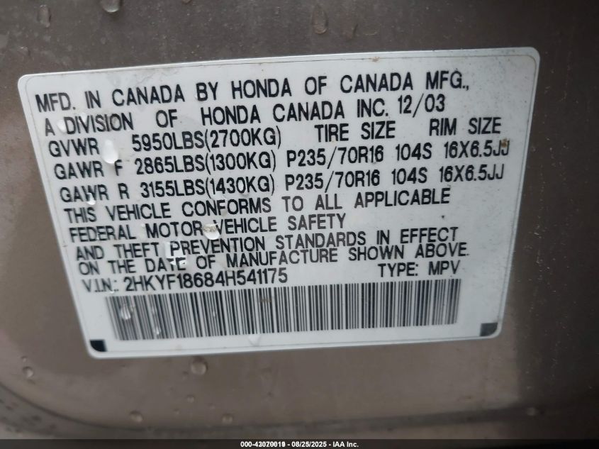 2004 Honda Pilot Ex-L VIN: 2HKYF18684H541175 Lot: 43070019