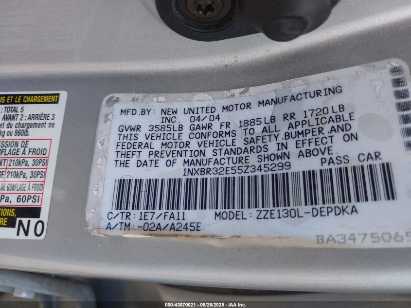 2005 Toyota Corolla Ce VIN: 1NXBR32E55Z345299 Lot: 43070021