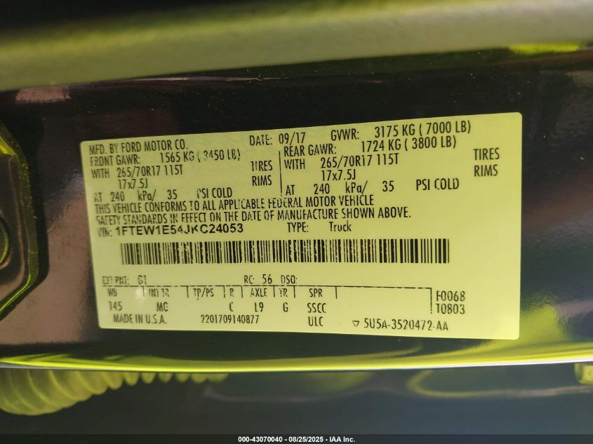 2018 Ford F-150 Xlt VIN: 1FTEW1E54JKC24053 Lot: 43070040