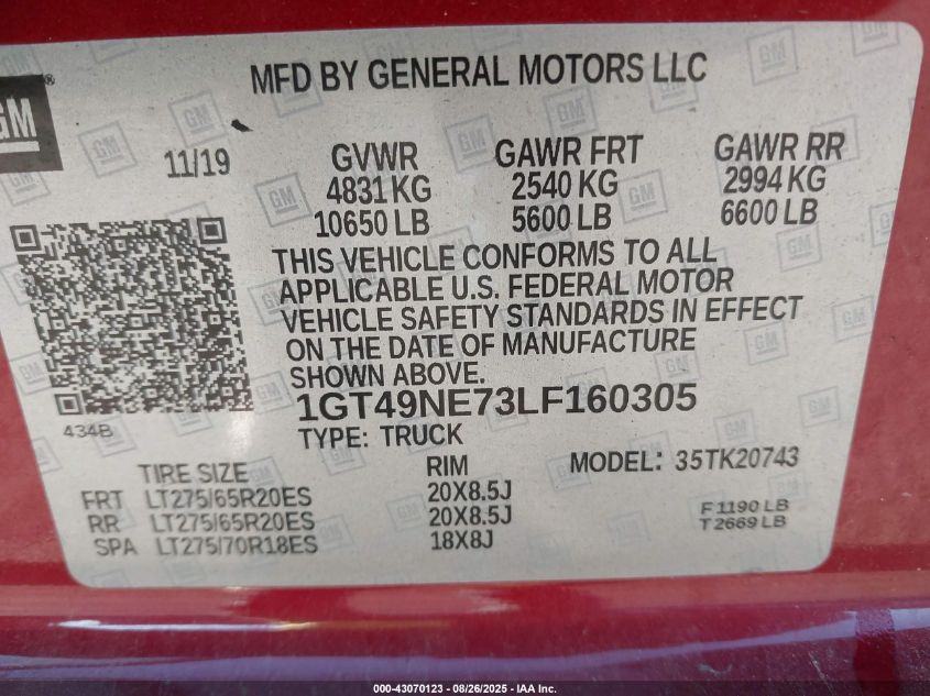 2020 GMC Sierra 2500Hd 4Wd Standard Bed Slt VIN: 1GT49NE73LF160305 Lot: 43070123