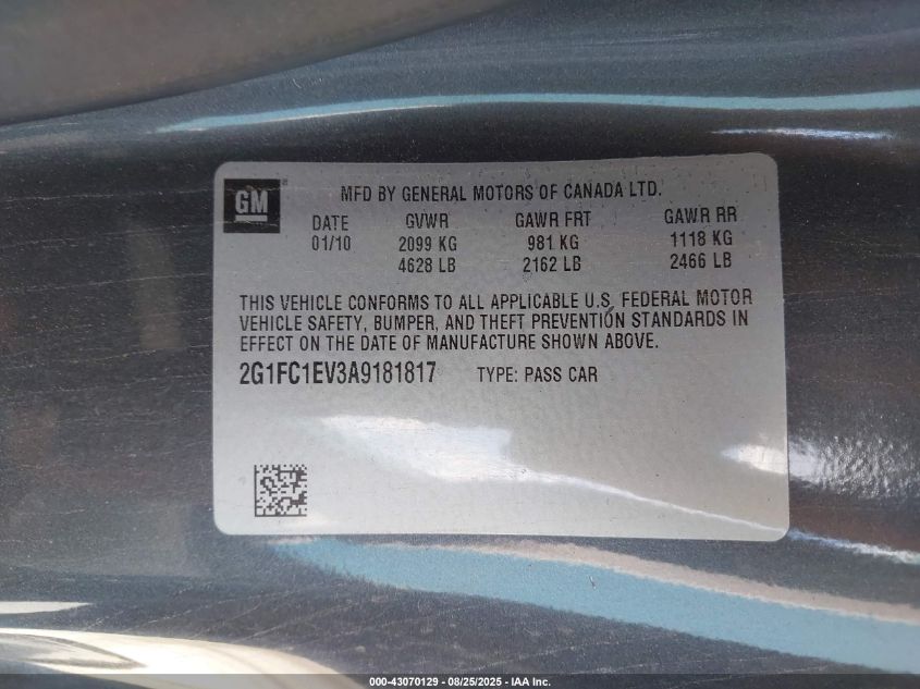 2010 Chevrolet Camaro 2Lt VIN: 2G1FC1EV3A9181817 Lot: 43070129