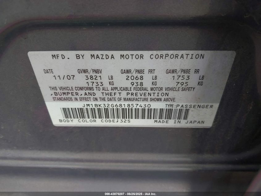 2008 Mazda Mazda3 I VIN: JM1BK32G681857430 Lot: 43070207