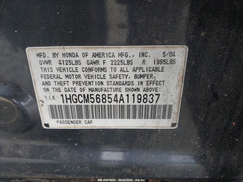 2004 Honda Accord 2.4 Ex VIN: 1HGCM56854A119837 Lot: 43070252