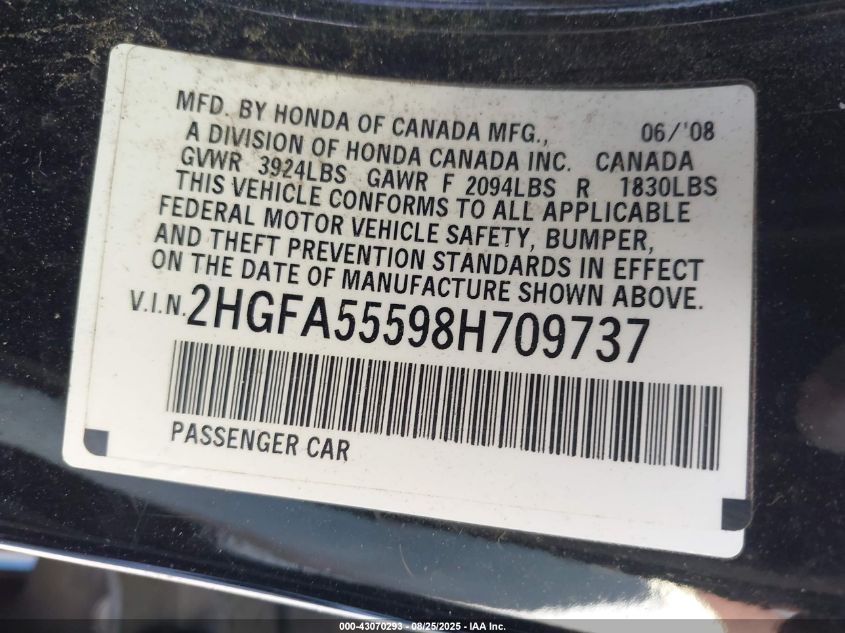 2008 Honda Civic Si/Si Mugen VIN: 2HGFA55598H709737 Lot: 43070293