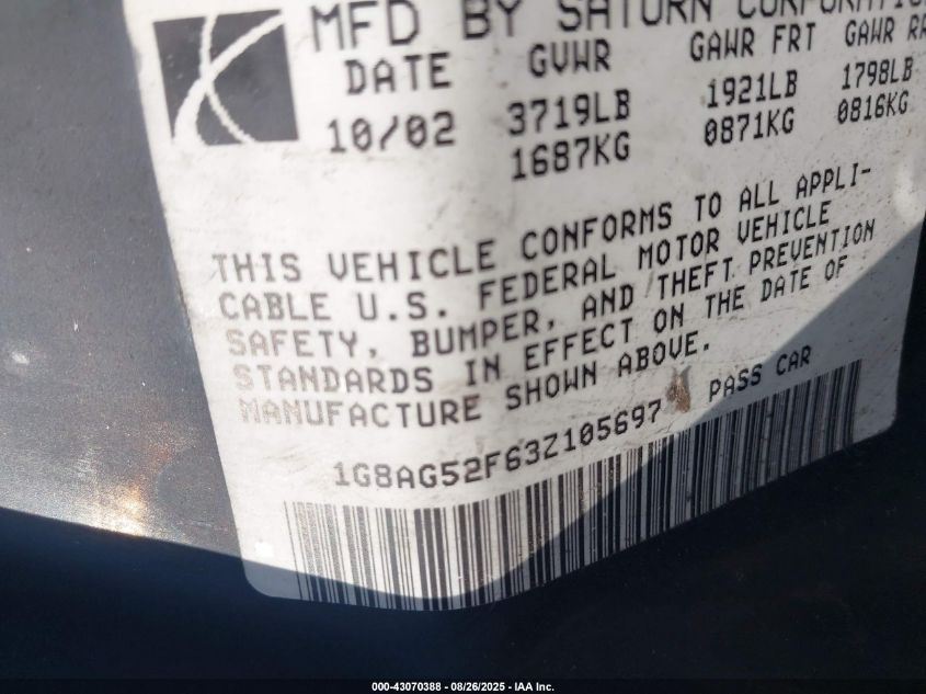 2003 Saturn Ion 1 VIN: 1G8AG52F63Z105697 Lot: 43070388