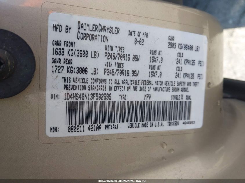 2003 Dodge Durango Slt VIN: 1D4HS48N13F502699 Lot: 43070403