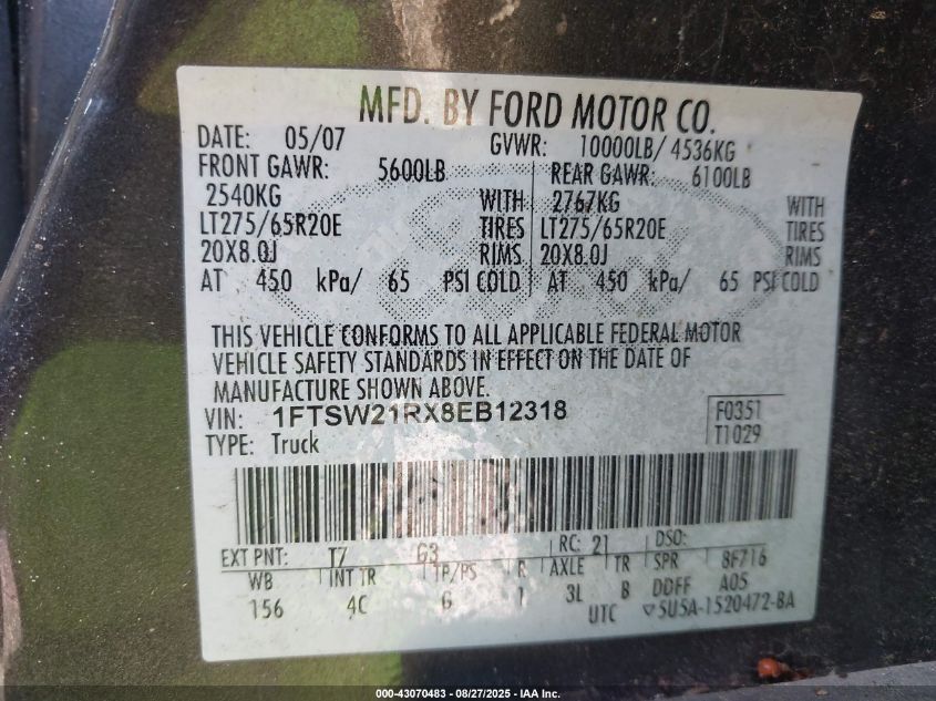 2008 Ford F250 Fx4/Harley-Davidson/King Ranch/Lariat/Xl/Xlt VIN: 1FTSW21RX8EB12318 Lot: 43070483