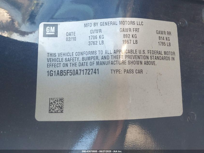 2010 Chevrolet Cobalt Ls VIN: 1G1AB5F50A7172741 Lot: 43070585