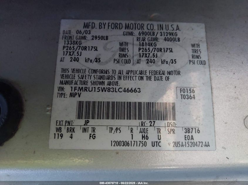2003 Ford Expedition Xlt VIN: 1FMRU15W83LC46663 Lot: 43070710