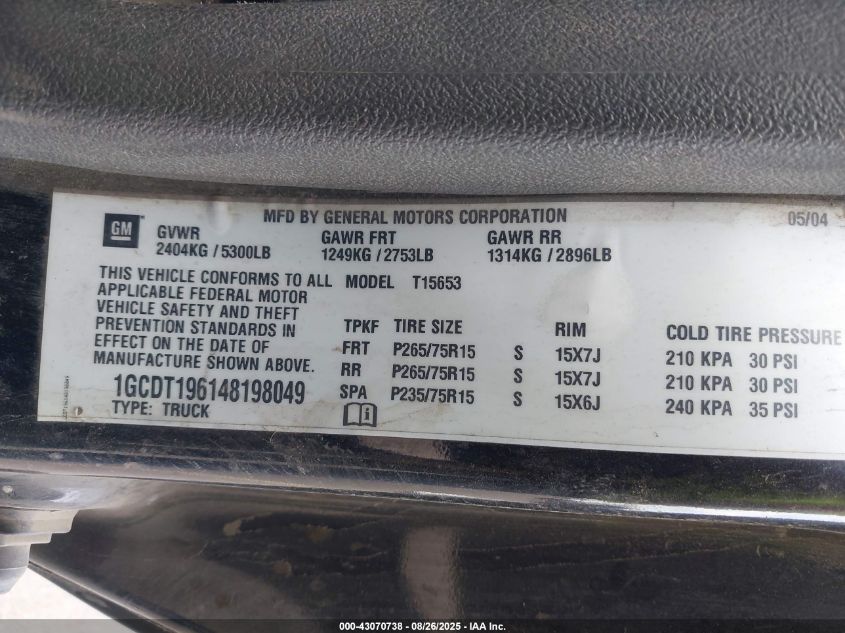 2004 Chevrolet Colorado Ls VIN: 1GCDT196148198049 Lot: 43070738