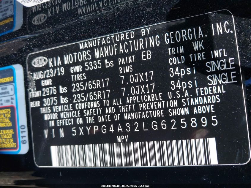 2020 Kia Sorento 2.4L Lx VIN: 5XYPG4A32LG625895 Lot: 43070740