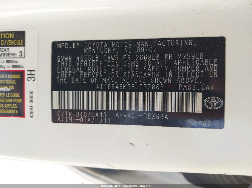 2008 Toyota Camry Hybrid VIN: 4T1BB46K38U037868 Lot: 43070833