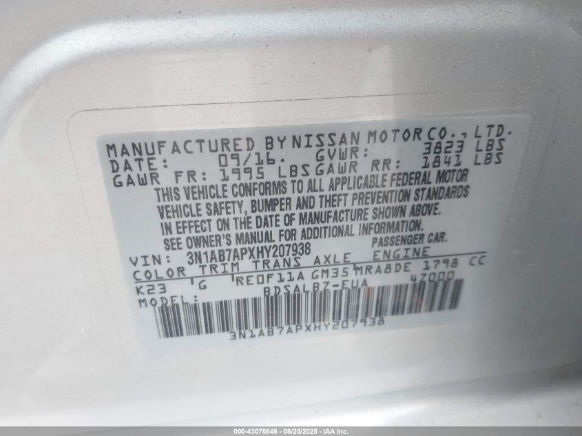 2017 Nissan Sentra S VIN: 3N1AB7APXHY207938 Lot: 43070846