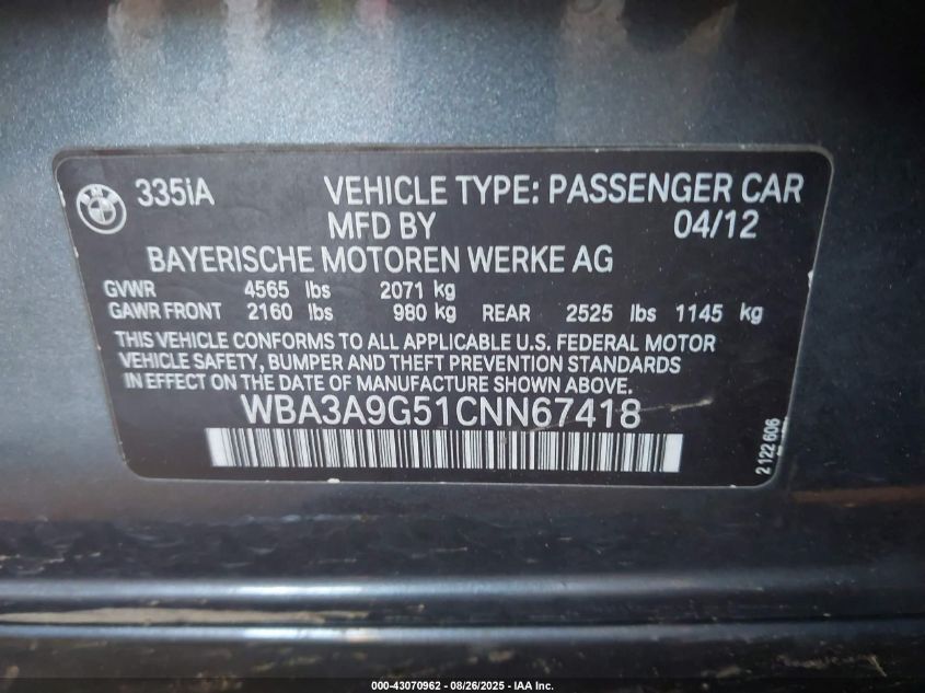 2012 BMW 335I VIN: WBA3A9G51CNN67418 Lot: 43070962