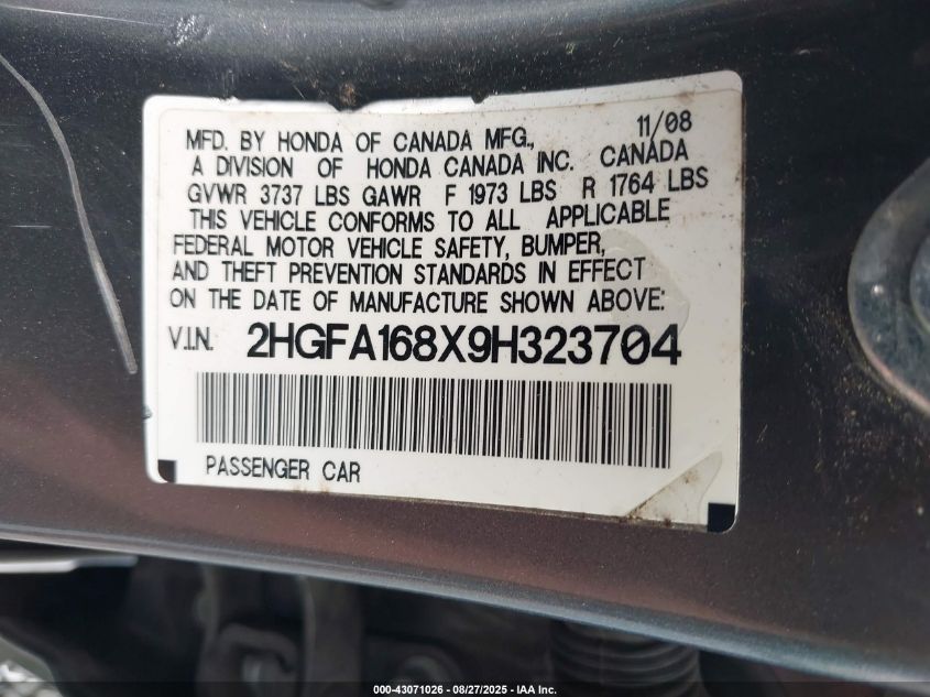 2009 Honda Civic Ex VIN: 2HGFA168X9H323704 Lot: 43071026