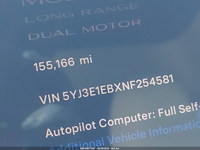 2022 Tesla Model 3 Long Range Dual Motor All-Wheel Drive VIN: 5YJ3E1EBXNF254581 Lot: 43071047