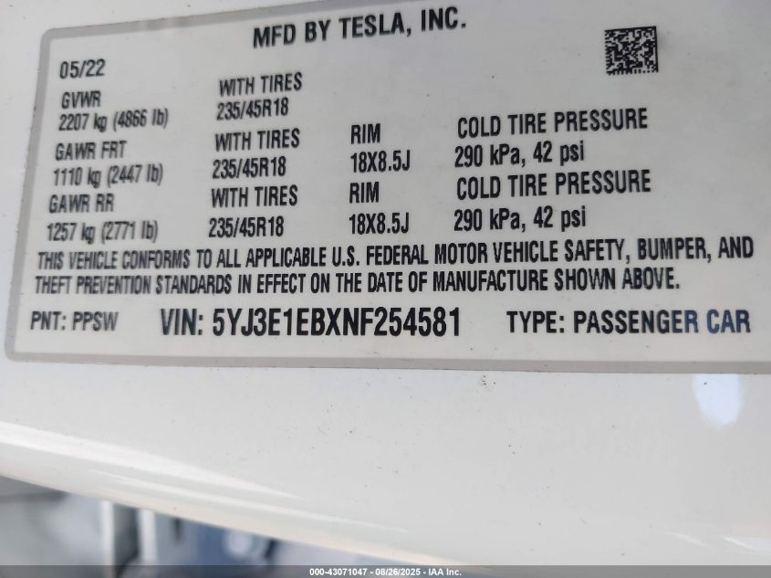 2022 Tesla Model 3 Long Range Dual Motor All-Wheel Drive VIN: 5YJ3E1EBXNF254581 Lot: 43071047