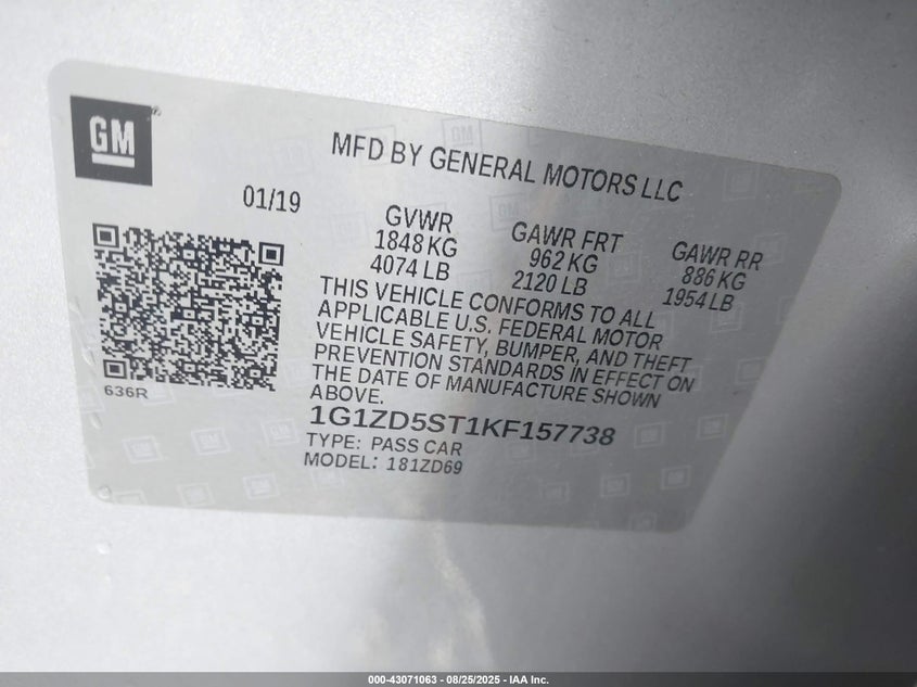 2019 Chevrolet Malibu Lt VIN: 1G1ZD5ST1KF157738 Lot: 43071063