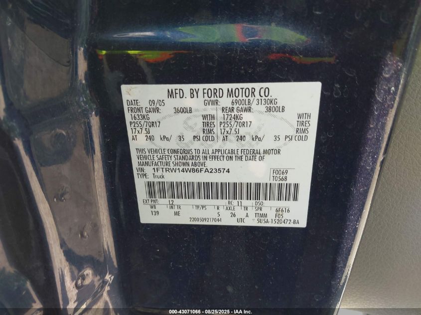 2006 Ford F-150 Xlt VIN: 1FTRW14W86FA23574 Lot: 43071066