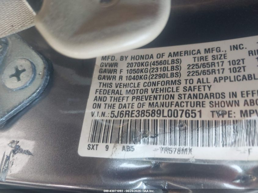2009 Honda Cr-V Ex VIN: 5J6RE38589L007651 Lot: 43071093