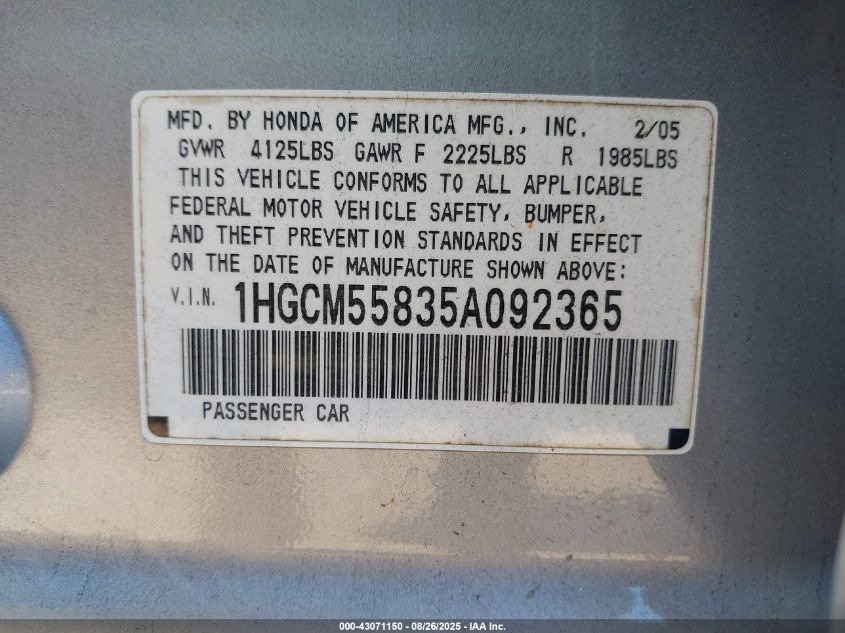 2005 Honda Accord 2.4 Ex VIN: 1HGCM55835A092365 Lot: 43071150