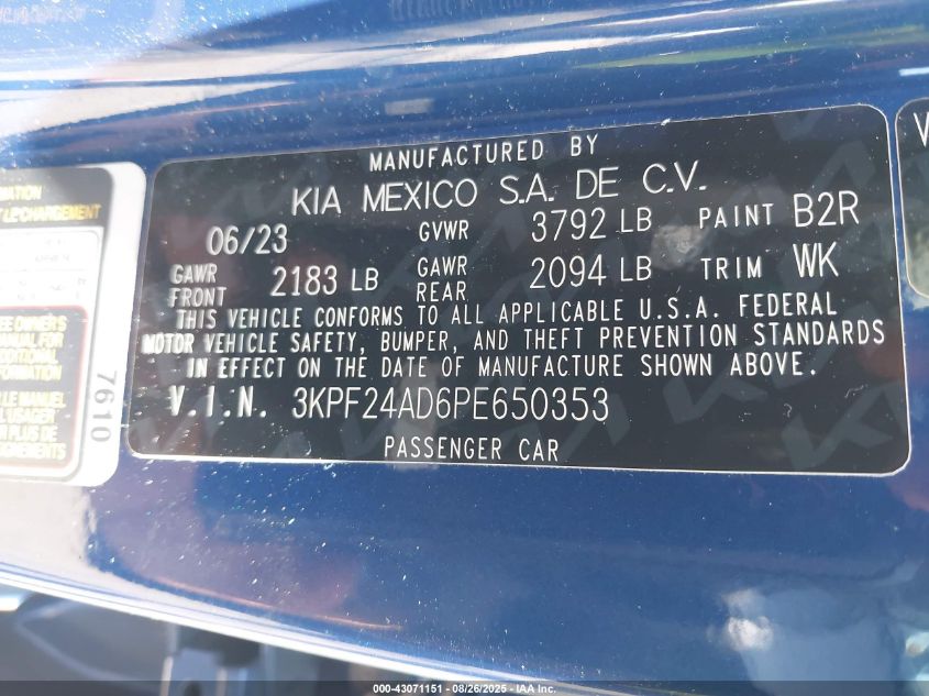 2023 Kia Forte Lxs VIN: 3KPF24AD6PE650353 Lot: 43071151