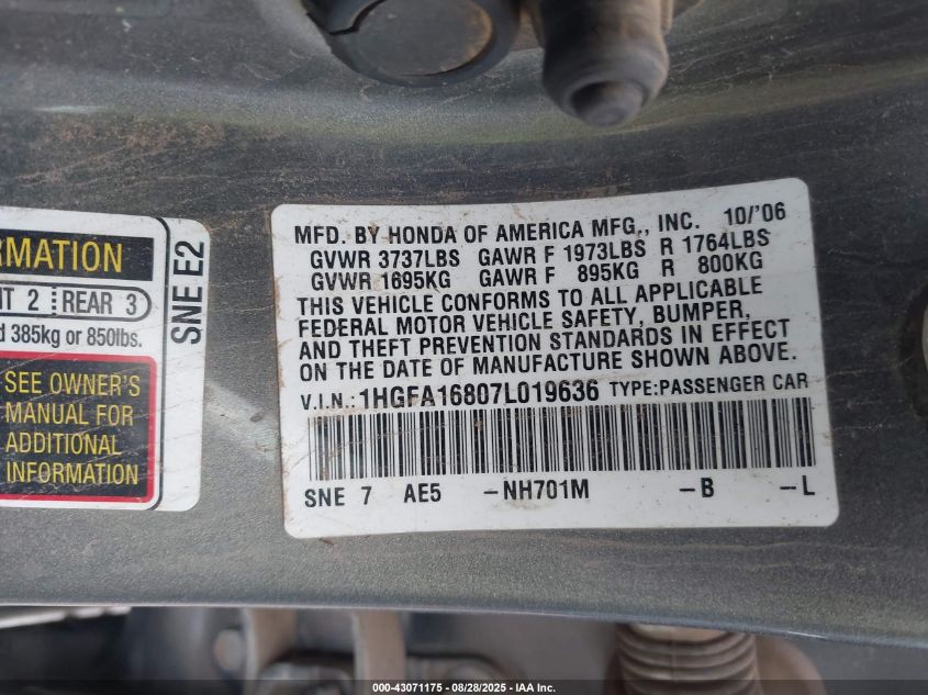 2007 Honda Civic Ex VIN: 1HGFA16807L019636 Lot: 43071175