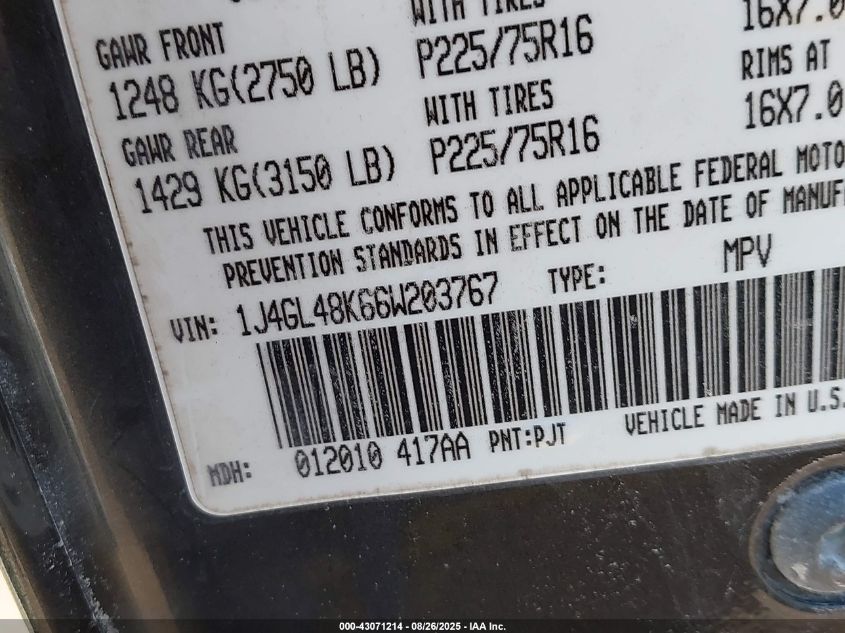 2006 Jeep Liberty Sport VIN: 1J4GL48K66W203767 Lot: 43071214