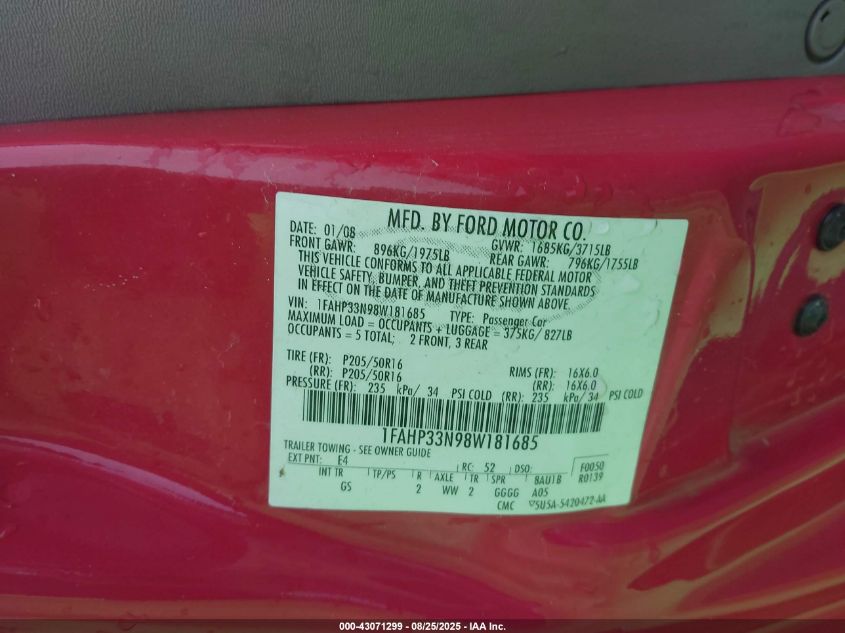 2008 Ford Focus Se/Ses VIN: 1FAHP33N98W181685 Lot: 43071299