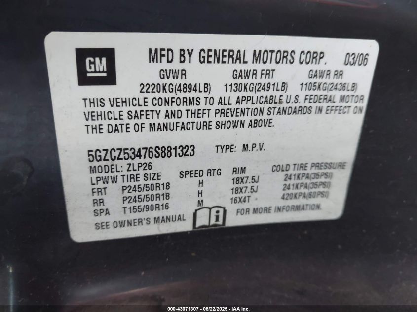 2006 Saturn Vue VIN: 5GZCZ53476S881323 Lot: 43071307