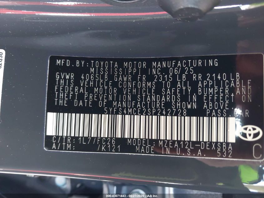 2025 Toyota Corolla Se VIN: 5YFS4MCE2SP242728 Lot: 43071443