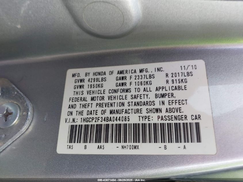 2011 Honda Accord 2.4 Lx VIN: 1HGCP2F34BA044085 Lot: 43071454