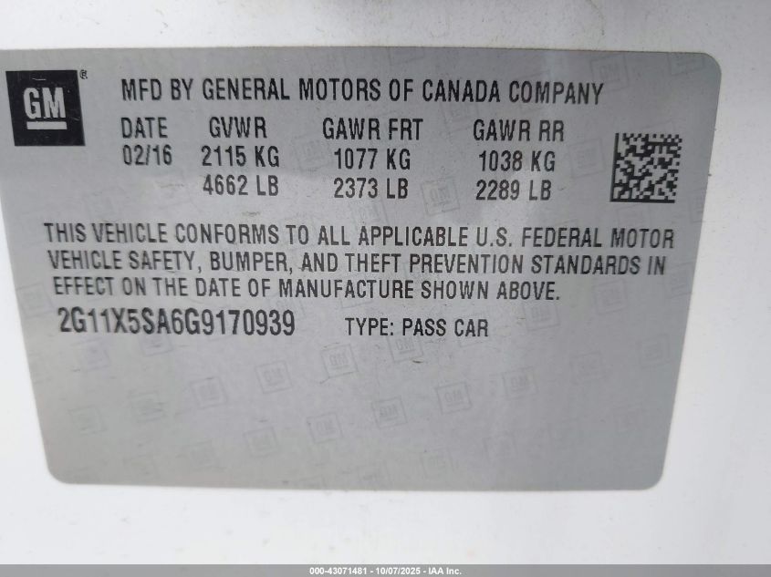 2016 Chevrolet Impala 1Fl VIN: 2G11X5SA6G9170939 Lot: 43071481