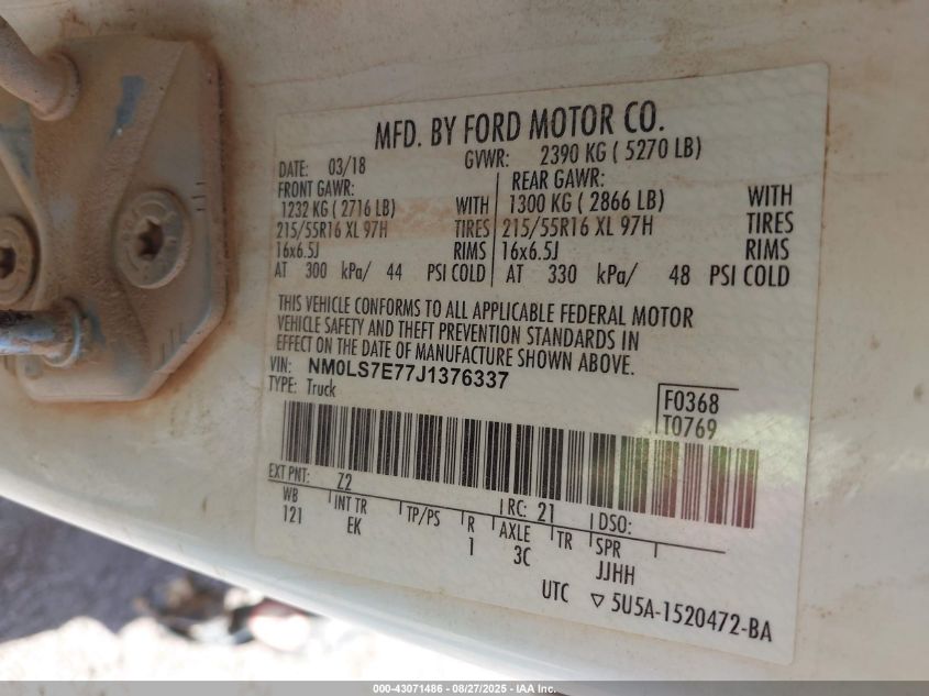 2018 Ford Transit Connect Xl VIN: NM0LS7E77J1376337 Lot: 43071486