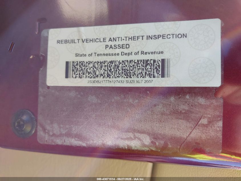 2007 Suzuki Xl7 VIN: 2S3DB217776127432 Lot: 43071514