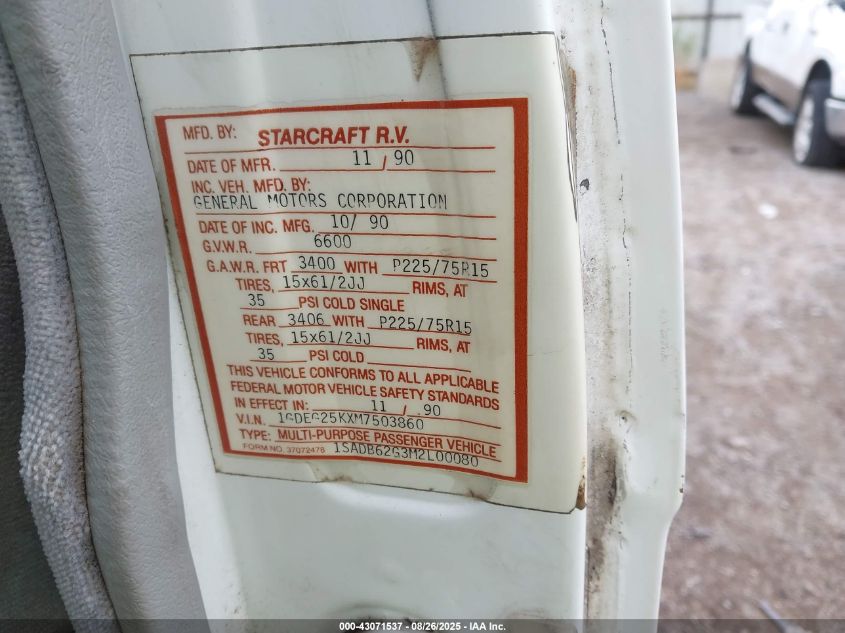 1991 GMC Rally Wagon / Van G2500 VIN: 1GDEG25KXM7503860 Lot: 43071537